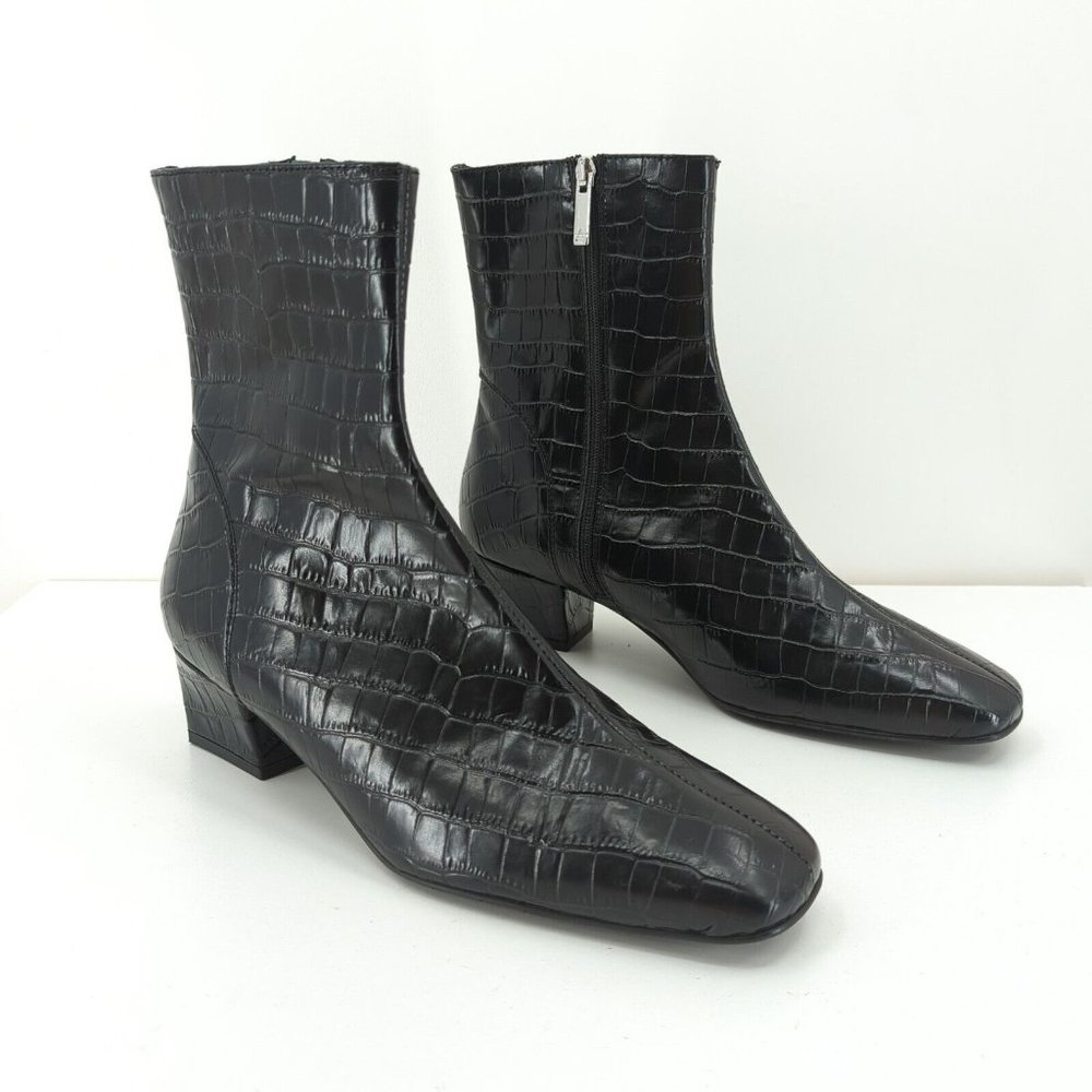 Aquatalia Women 10 Selini Boots Black Leather Croc Embossed Ankle Square Toe NEW